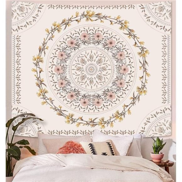 White Pink Bohemian Tapestry Wall Hanging, Mandala Floral Medallion Hippie - Picture 1 of 7